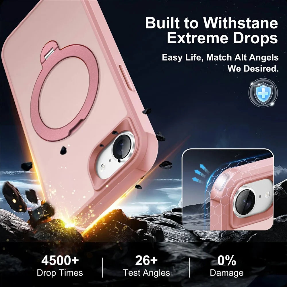 For iPhone 17e / 16e Case Compatible with MagSafe Rotatable Kickstand TPU + PC Shockproof Phone Cover - Pink - 5