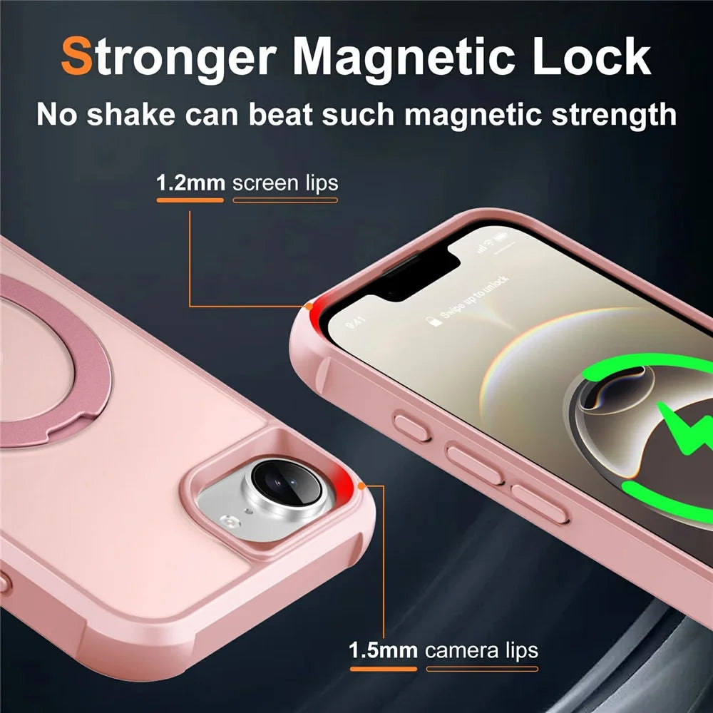 For iPhone 17e / 16e Case Compatible with MagSafe Rotatable Kickstand TPU + PC Shockproof Phone Cover - Pink - 6
