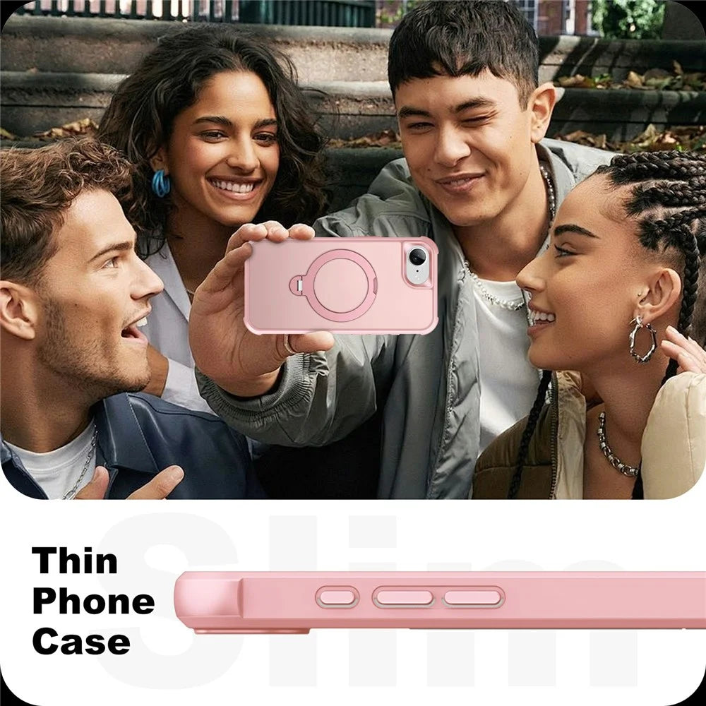 For iPhone 17e / 16e Case Compatible with MagSafe Rotatable Kickstand TPU + PC Shockproof Phone Cover - Pink - 7
