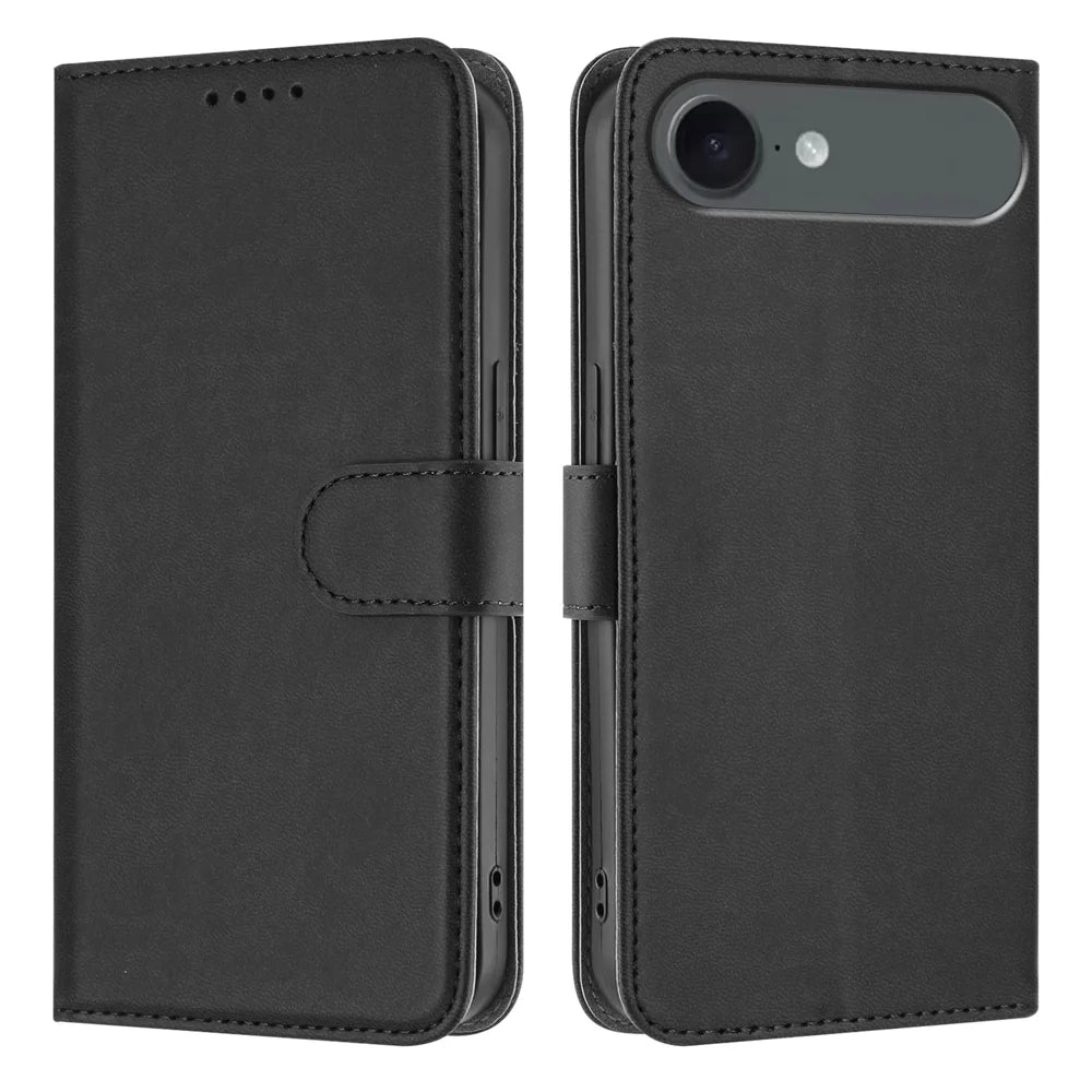 For iPhone Air Leather Case Solid Color Phone Cover with Wallet - Black - 1
