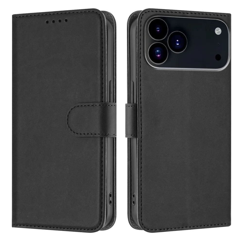 For iPhone 17 Pro Leather Case Solid Color Phone Cover with Wallet - Black - 1