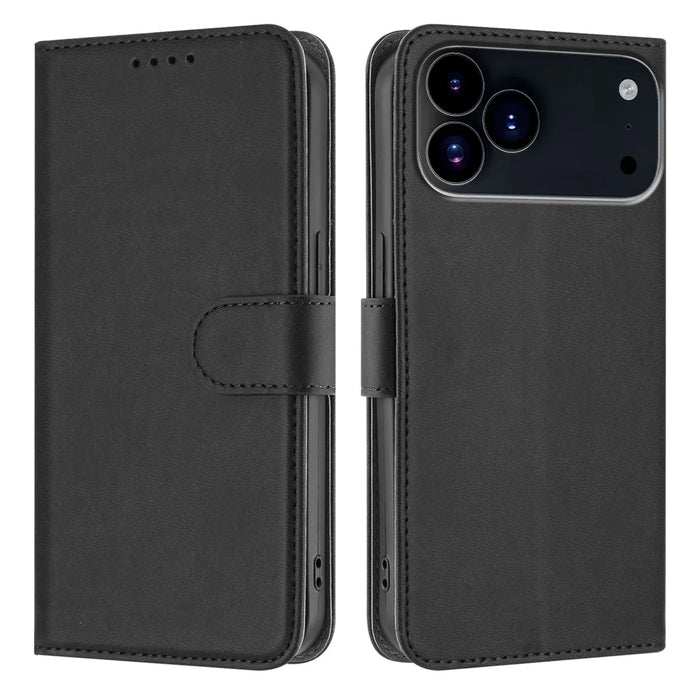 For iPhone 17 Pro Leather Case Solid Color Phone Cover with Wallet - Black - 1