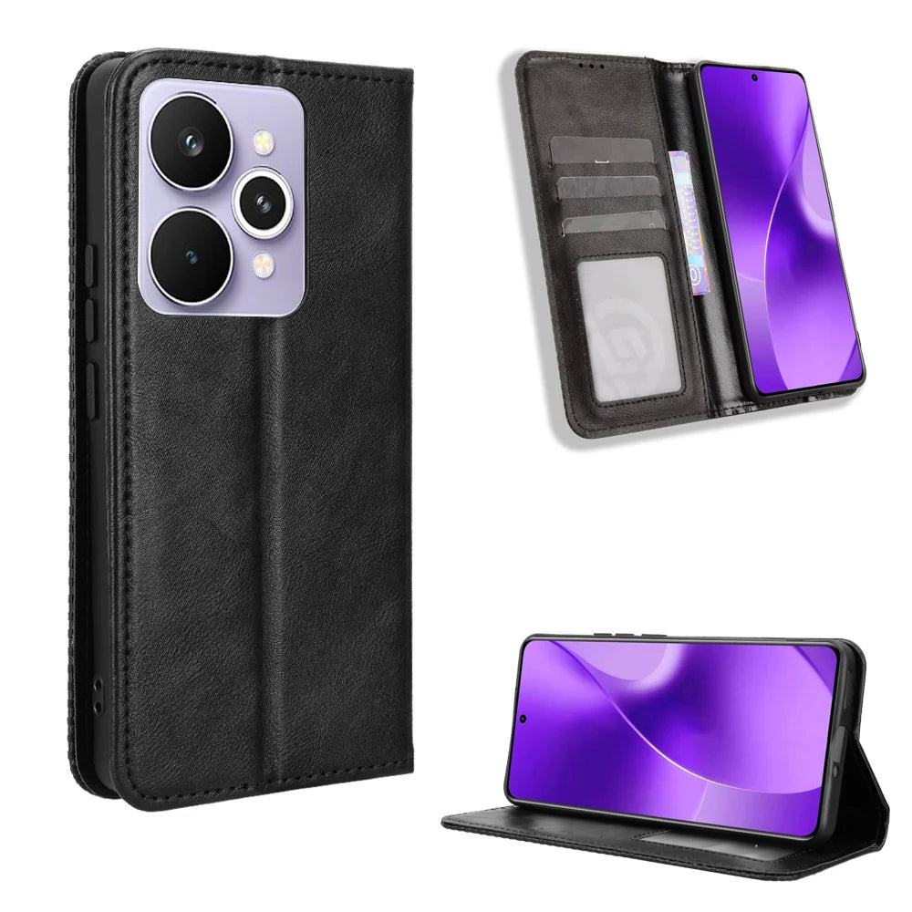 For Realme 15 5G / Realme 15 Pro 5G Leather Case Wallet Stand Retro Texture Phone Cover - Black - 1