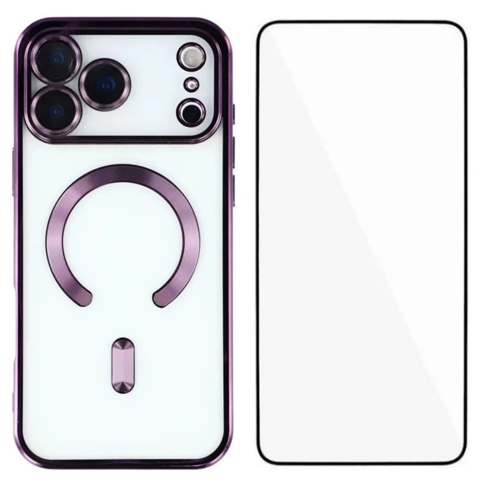 WANLONFENG For iPhone 17 Pro Magnetic Case  Full Protection Electroplated TPU Cover with Tempered Glass - Dark Purple - 1