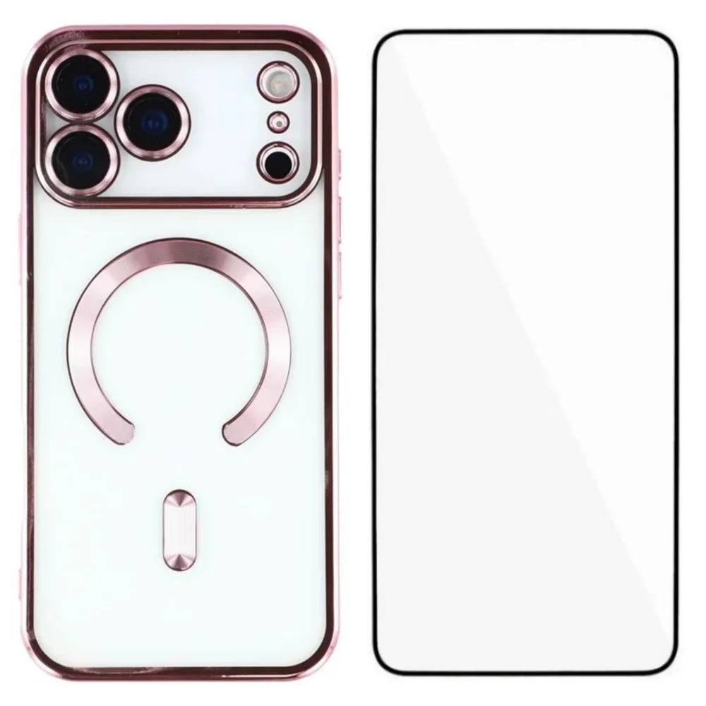 WANLONFENG For iPhone 17 Pro Max Magnetic Case  Full Protection Electroplated TPU Cover with Tempered Glass - Pink - 1
