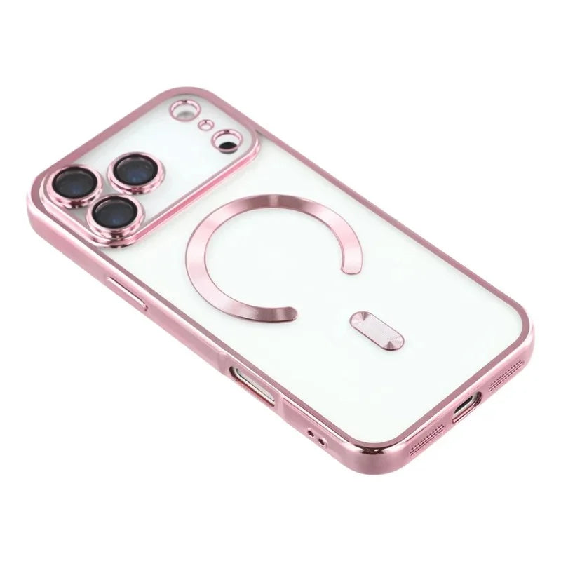 WANLONFENG For iPhone 17 Pro Max Magnetic Case  Full Protection Electroplated TPU Cover with Tempered Glass - Pink - 3