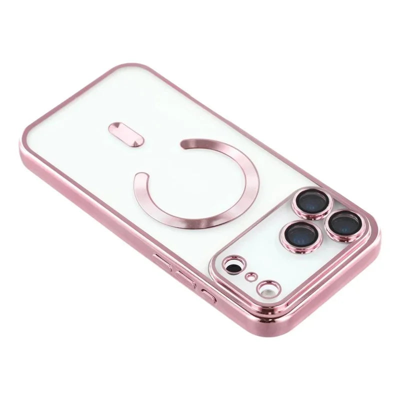 WANLONFENG For iPhone 17 Pro Max Magnetic Case  Full Protection Electroplated TPU Cover with Tempered Glass - Pink - 4