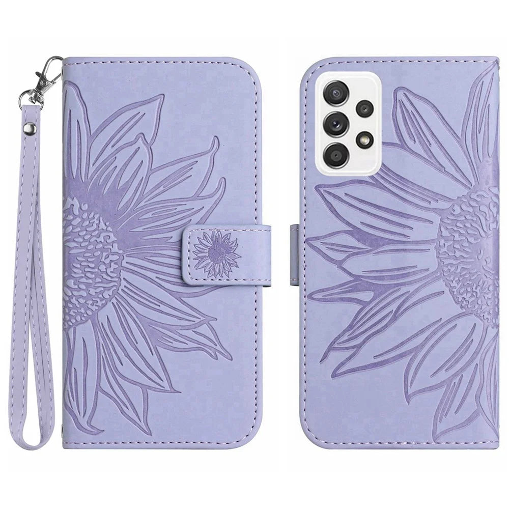 For Samsung Galaxy A53 5G HT04 Skin-Touch PU Leather Book Style Phone Case Imprinted Sunflower Stand Wallet Cover with Hand Strap - Light Purple - 1