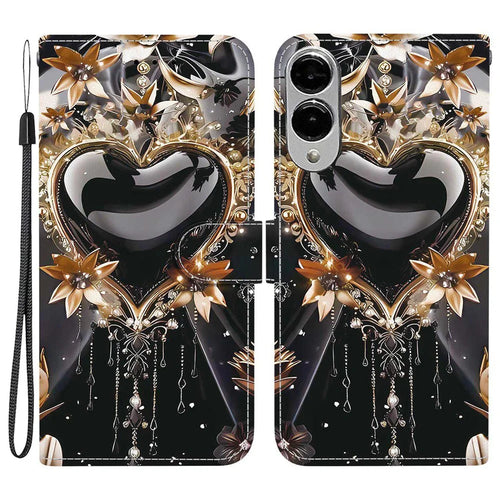 For Samsung Galaxy S25 Edge Wallet Case Pattern Printing Leather Stand Phone Cover with Strap - Black Gold Heart - 1