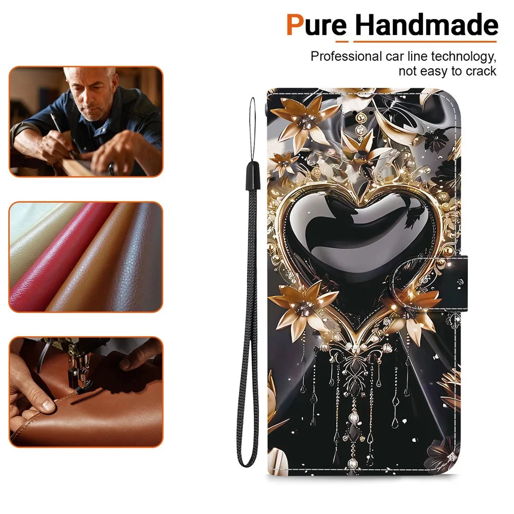 For Samsung Galaxy S25 Edge Wallet Case Pattern Printing Leather Stand Phone Cover with Strap - Black Gold Heart - 4