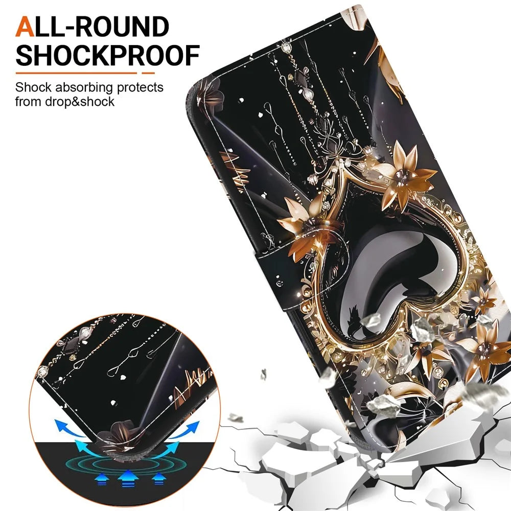 For Samsung Galaxy S25 Edge Wallet Case Pattern Printing Leather Stand Phone Cover with Strap - Black Gold Heart - 6