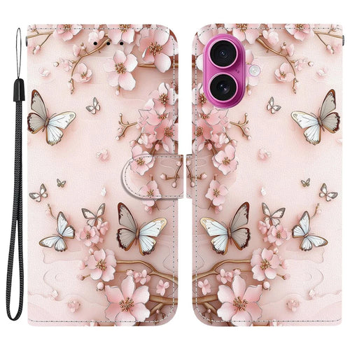 For iPhone 17 Wallet Case Pattern Printing Leather Stand Phone Cover with Strap - Pink Butterfly - 1