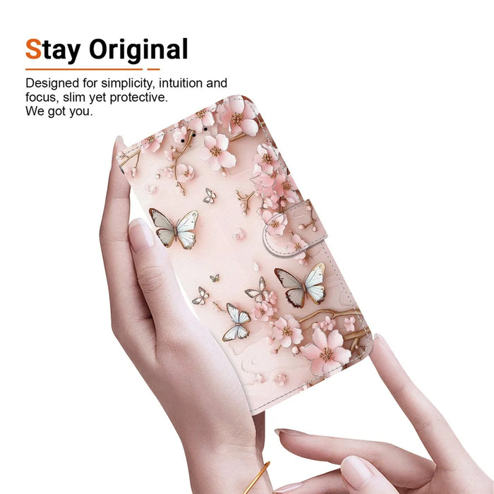 For iPhone 17 Wallet Case Pattern Printing Leather Stand Phone Cover with Strap - Pink Butterfly - 5
