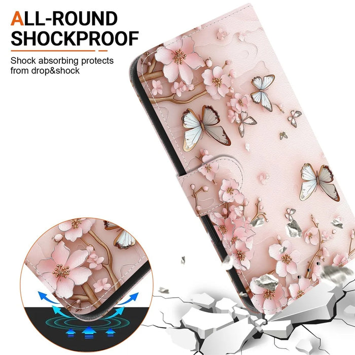 For iPhone 17 Wallet Case Pattern Printing Leather Stand Phone Cover with Strap - Pink Butterfly - 6
