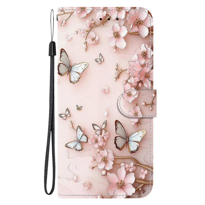 For iPhone 17 Wallet Case Pattern Printing Leather Stand Phone Cover with Strap - Pink Butterfly - 7