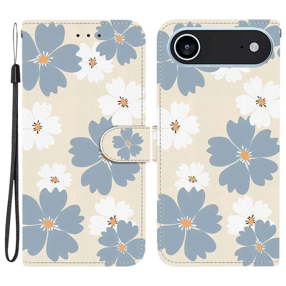 For iPhone Air Wallet Case Pattern Printing Leather Stand Phone Cover with Strap - Blue Daisy - 1