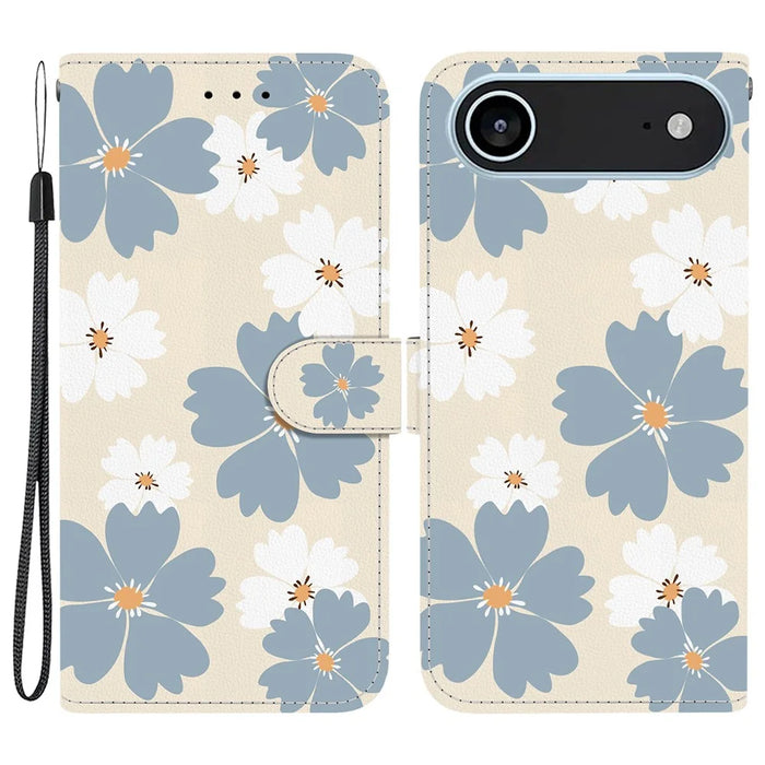 For iPhone Air Wallet Case Pattern Printing Leather Stand Phone Cover with Strap - Blue Daisy - 1