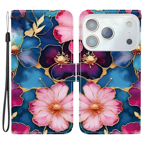 For iPhone 18 Pro / 17 Pro Wallet Case Pattern Printing Leather Stand Phone Cover with Strap - Blue Gold Flower - 1