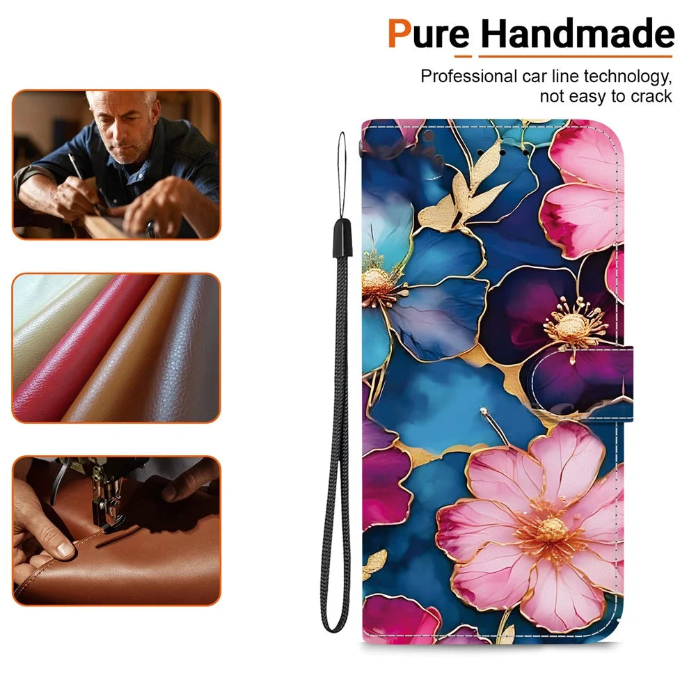 For iPhone 18 Pro / 17 Pro Wallet Case Pattern Printing Leather Stand Phone Cover with Strap - Blue Gold Flower - 4