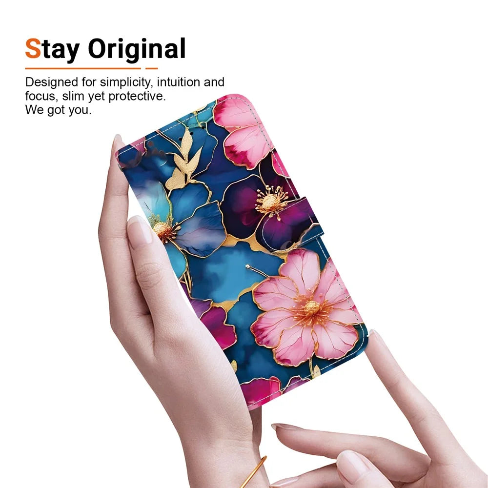 For iPhone 18 Pro / 17 Pro Wallet Case Pattern Printing Leather Stand Phone Cover with Strap - Blue Gold Flower - 5