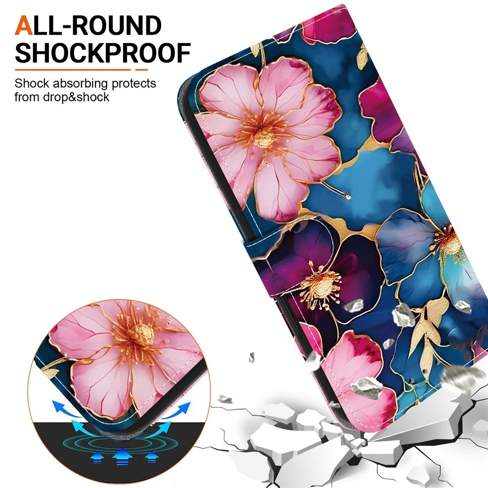 For iPhone 18 Pro / 17 Pro Wallet Case Pattern Printing Leather Stand Phone Cover with Strap - Blue Gold Flower - 6