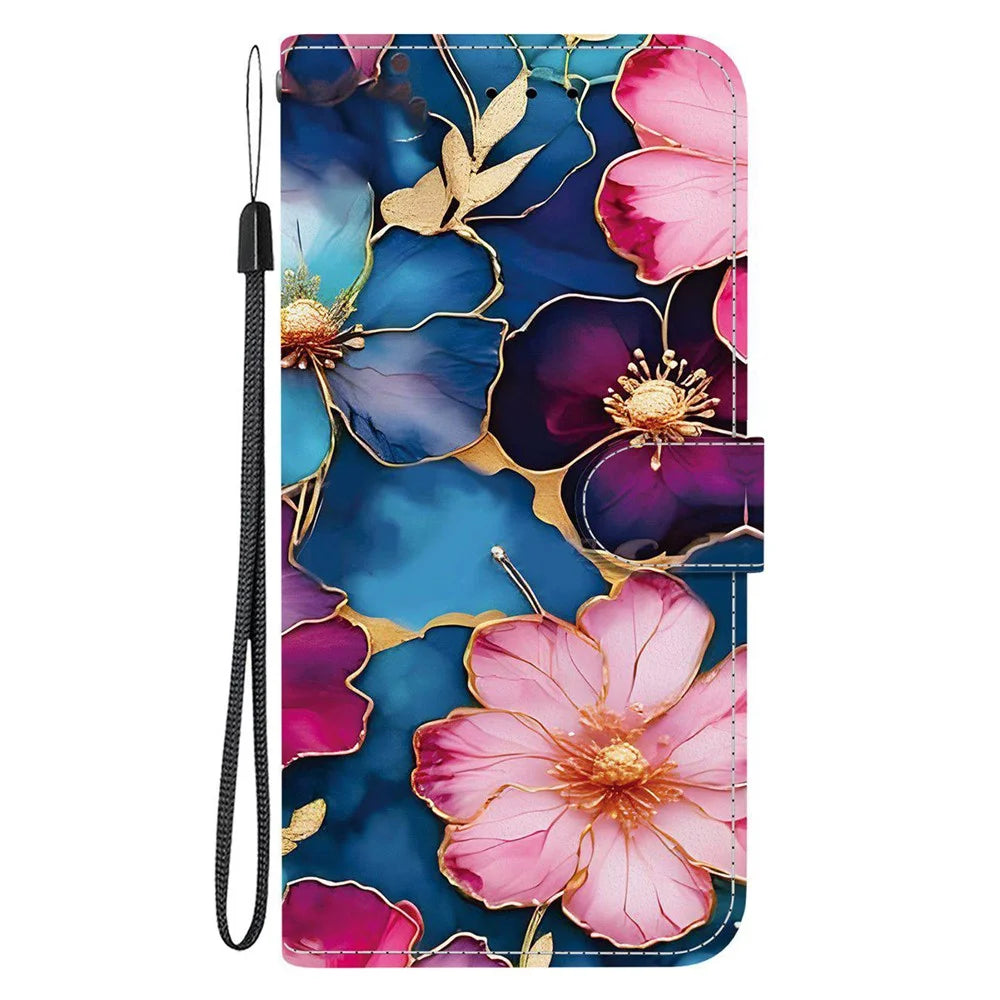 For iPhone 18 Pro / 17 Pro Wallet Case Pattern Printing Leather Stand Phone Cover with Strap - Blue Gold Flower - 7