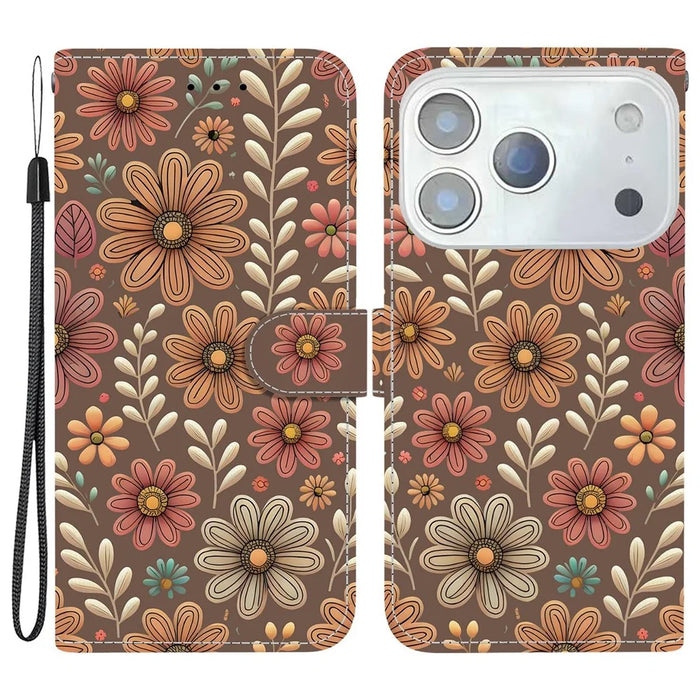 For iPhone 18 Pro Max / 17 Pro Max Wallet Case Pattern Printing Leather Stand Phone Cover with Strap - Blossom - 1