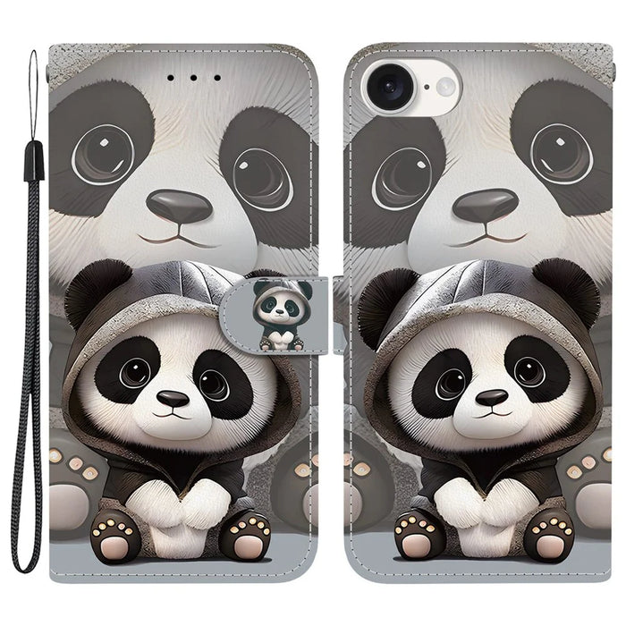 For iPhone 17e / 16e Wallet Case Pattern Printing Leather Stand Phone Cover with Strap - Panda - 1