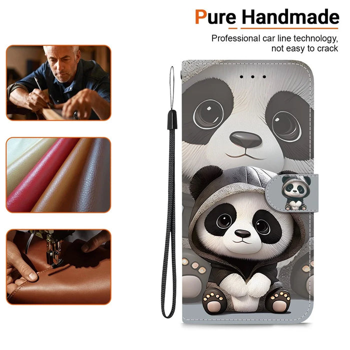 For iPhone 17e / 16e Wallet Case Pattern Printing Leather Stand Phone Cover with Strap - Panda - 4