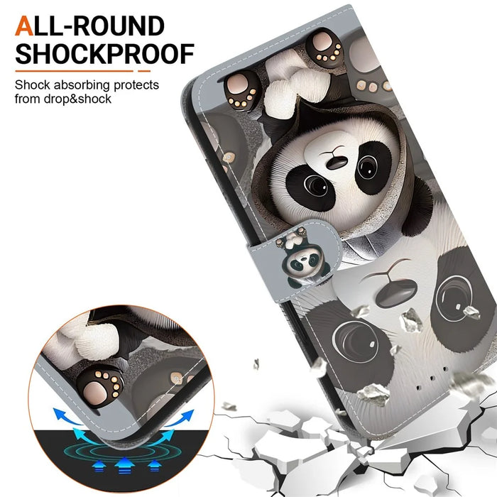 For iPhone 17e / 16e Wallet Case Pattern Printing Leather Stand Phone Cover with Strap - Panda - 6