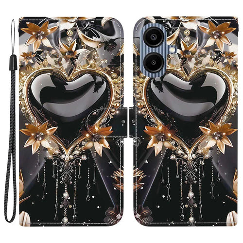Wallet Case for Samsung Galaxy A08 5G / A08 4G / A07 5G / A07 4G / A06 5G / A06 4G Pattern Printing Leather Stand Phone Cover with Strap - Black Gold Heart - 1