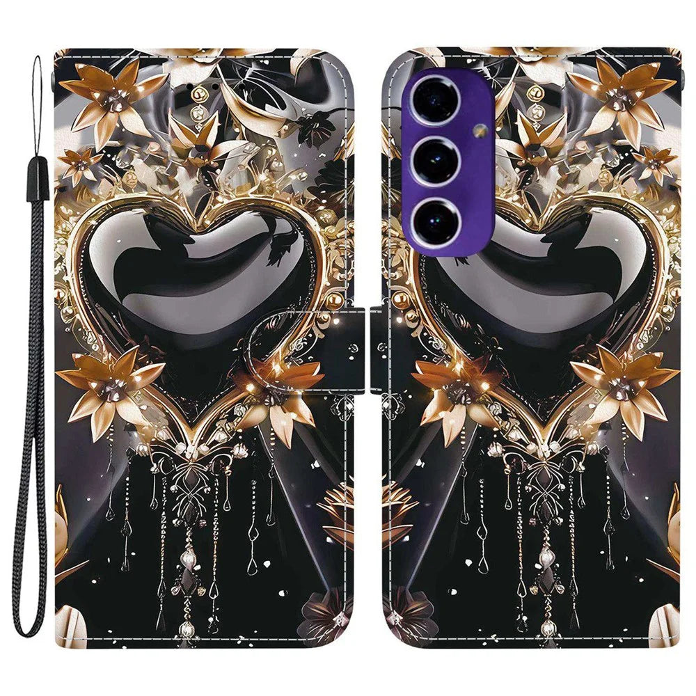 For Samsung Galaxy A16 5G / 4G Wallet Case Pattern Printing Leather Stand Phone Cover with Strap - Black Gold Heart - 1