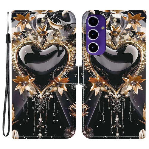 For Samsung Galaxy A16 5G / 4G Wallet Case Pattern Printing Leather Stand Phone Cover with Strap - Black Gold Heart - 1