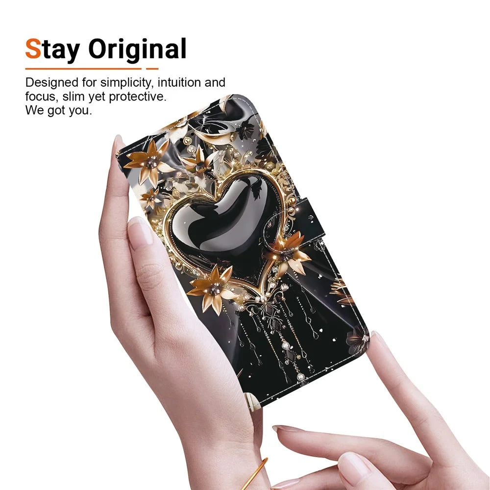 For Samsung Galaxy A16 5G / 4G Wallet Case Pattern Printing Leather Stand Phone Cover with Strap - Black Gold Heart - 5