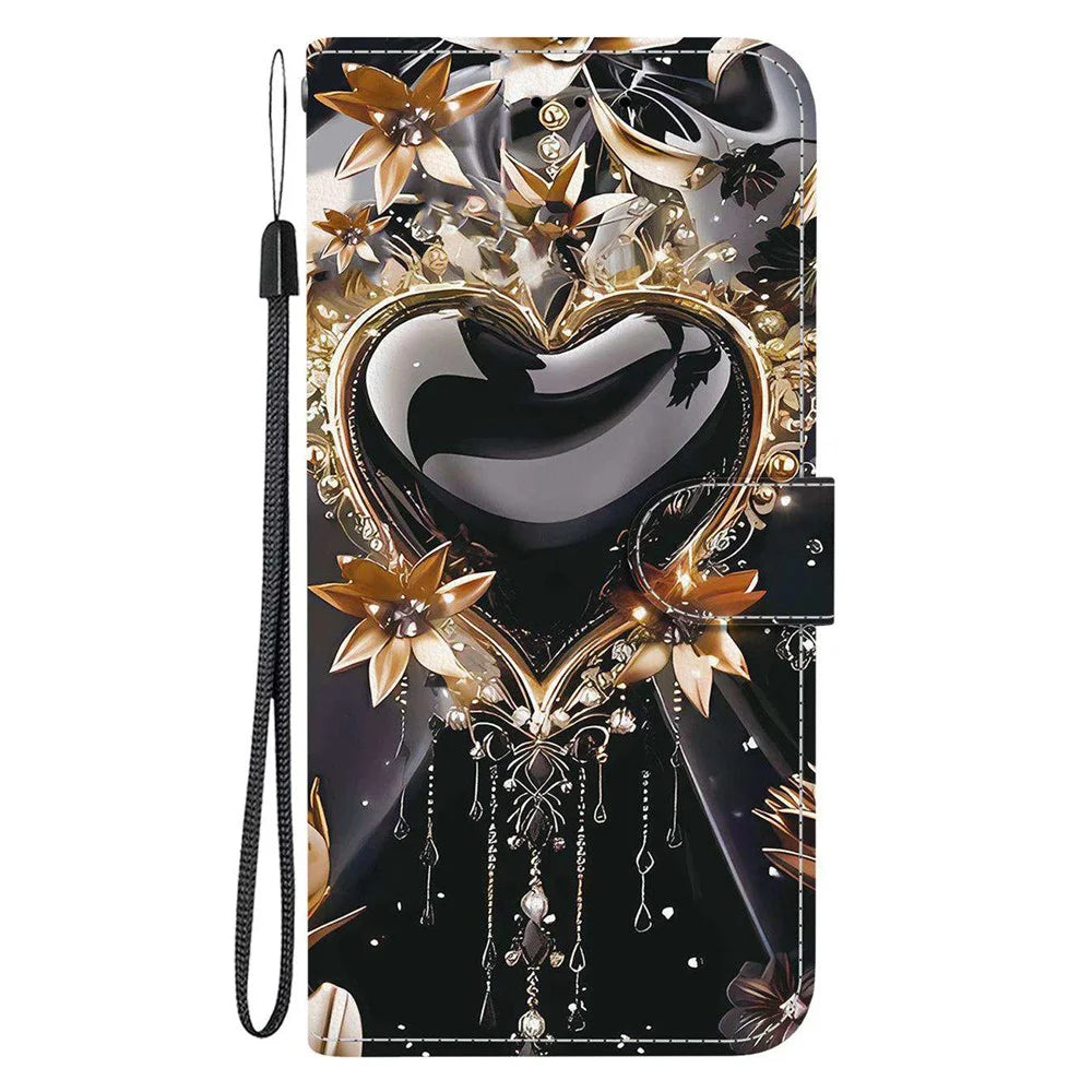 For Samsung Galaxy A16 5G / 4G Wallet Case Pattern Printing Leather Stand Phone Cover with Strap - Black Gold Heart - 7