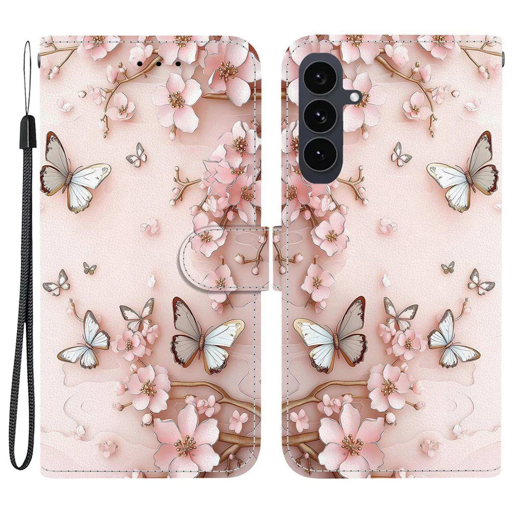 For Samsung Galaxy S25 FE Wallet Case Pattern Printing Leather Stand Phone Cover with Strap - Pink Butterfly - 1