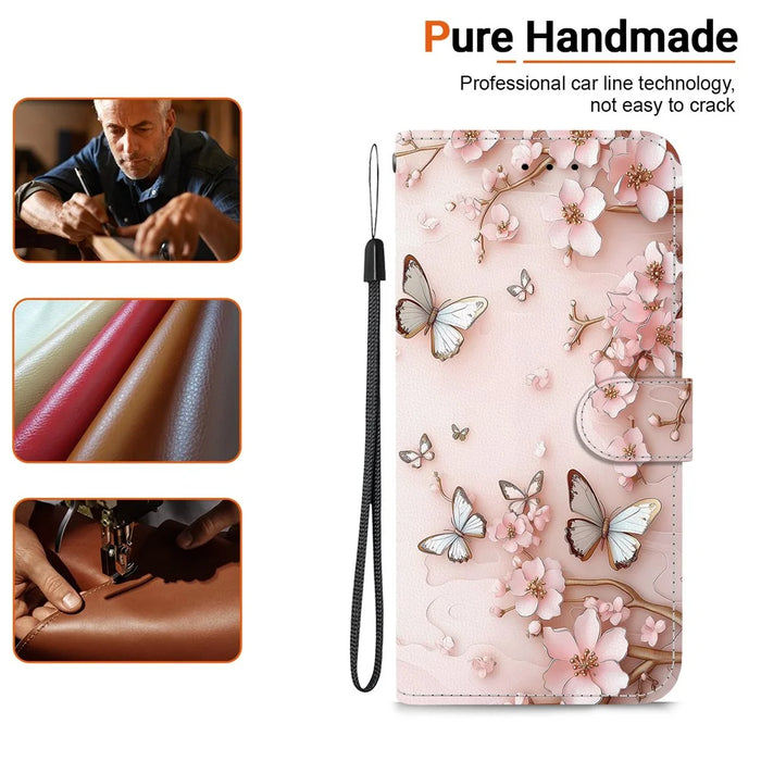 For Samsung Galaxy S25 FE Wallet Case Pattern Printing Leather Stand Phone Cover with Strap - Pink Butterfly - 4