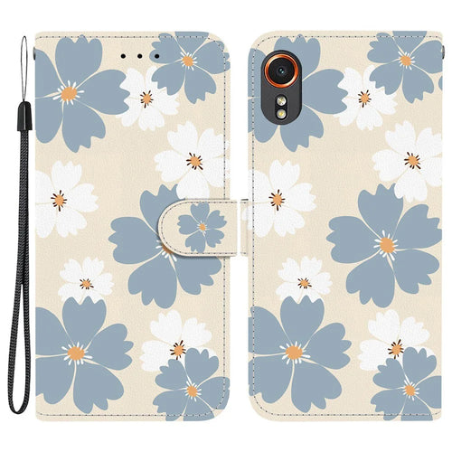 For Samsung Galaxy Xcover7 Wallet Case Pattern Printing Leather Stand Phone Cover with Strap - Blue Daisy - 1