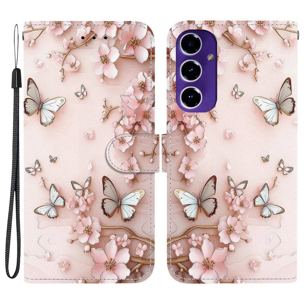 For Samsung Galaxy S24 FE Wallet Case Pattern Printing Leather Stand Phone Cover with Strap - Pink Butterfly - 1