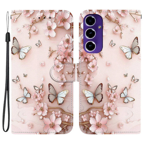 For Samsung Galaxy S24 FE Wallet Case Pattern Printing Leather Stand Phone Cover with Strap - Pink Butterfly - 1