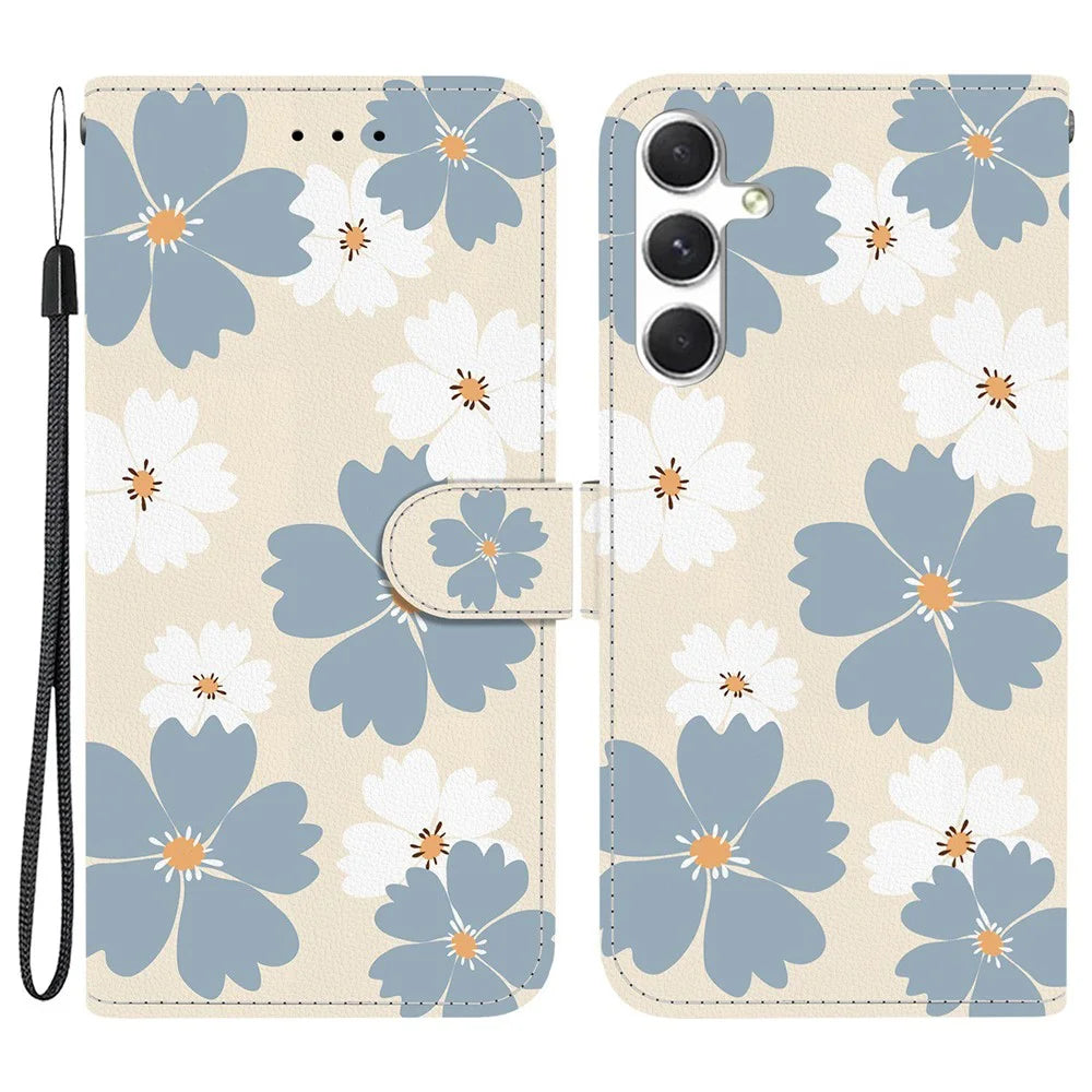 For Samsung Galaxy S25 / S24 Wallet Case Pattern Printing Leather Stand Phone Cover with Strap - Blue Daisy - 1