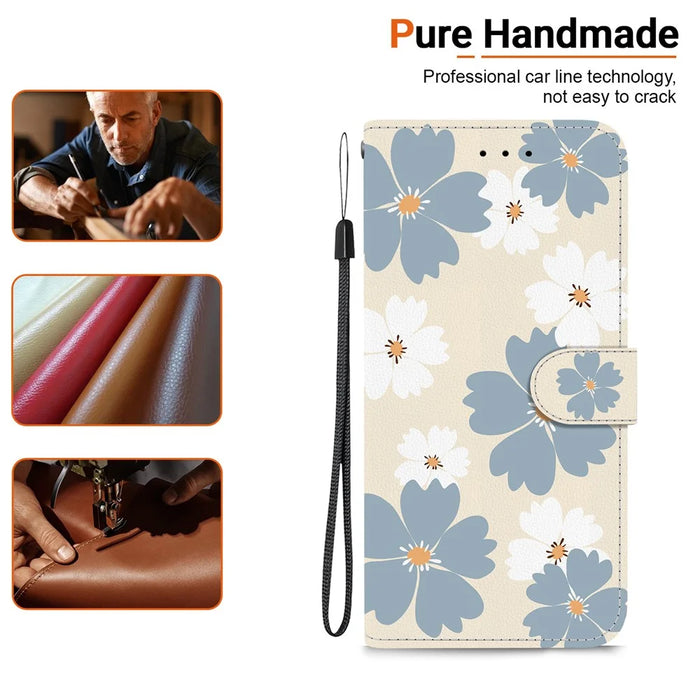 For Samsung Galaxy S25 / S24 Wallet Case Pattern Printing Leather Stand Phone Cover with Strap - Blue Daisy - 4