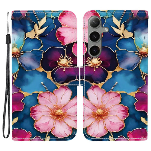 For Samsung Galaxy S25+ / S24+ Wallet Case Pattern Printing Leather Stand Phone Cover with Strap - Blue Gold Flower - 1