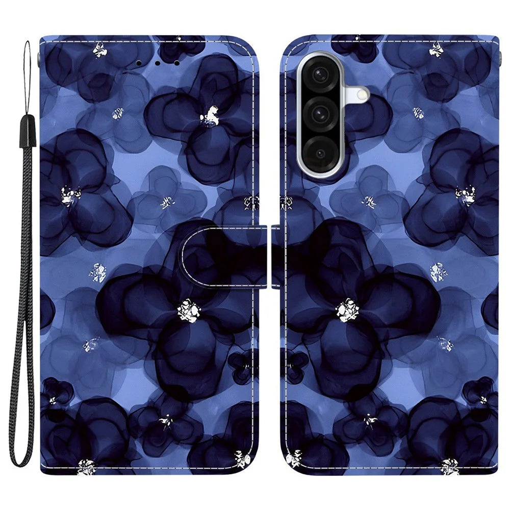 For Samsung Galaxy A56 5G Wallet Case Pattern Printing Leather Stand Phone Cover with Strap - Ink Blue Flower - 1