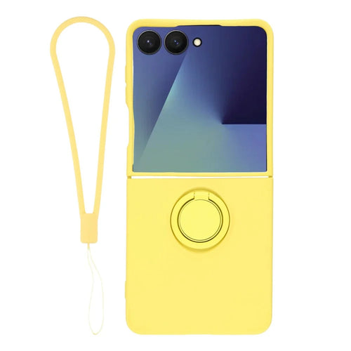 For Samsung Galaxy Z Flip7 5G Silicone Case with Strap Ring Kickstand Phone Cover - Yellow - 1