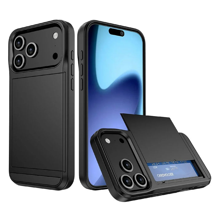 For iPhone 18 Pro Max / 17 Pro Max Case with Sliding Card Holder PC + TPU Phone Back Cover - Black - 1