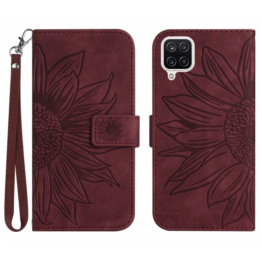 For Samsung Galaxy A22 4G (EU Version) HT04 Skin-Touch Flip Wallet Cover Imprinted Sunflower Full Protection Phone Case Stand with Hand Strap - Wine Red - 1