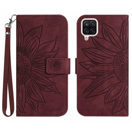 For Samsung Galaxy A22 4G (EU Version) HT04 Skin-Touch Flip Wallet Cover Imprinted Sunflower Full Protection Phone Case Stand with Hand Strap - Wine Red - 1