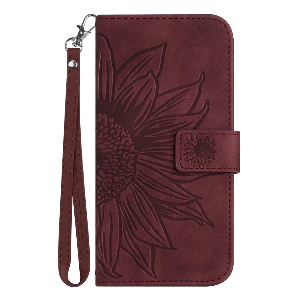 For Samsung Galaxy A22 4G (EU Version) HT04 Skin-Touch Flip Wallet Cover Imprinted Sunflower Full Protection Phone Case Stand with Hand Strap - Wine Red - 2
