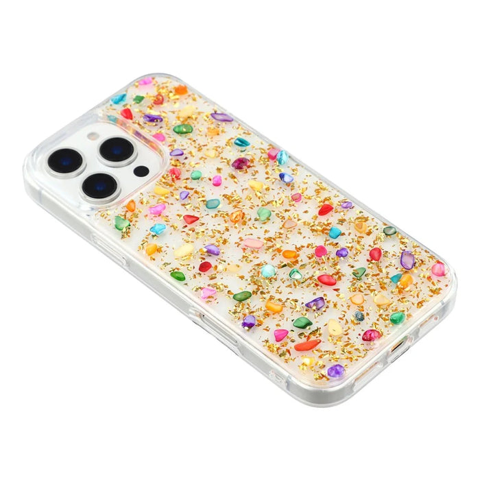 JAUCASE For iPhone 16 Pro Case Natural Colorful Stone Epoxy TPU PC Phone Back Cover - Gold - 4